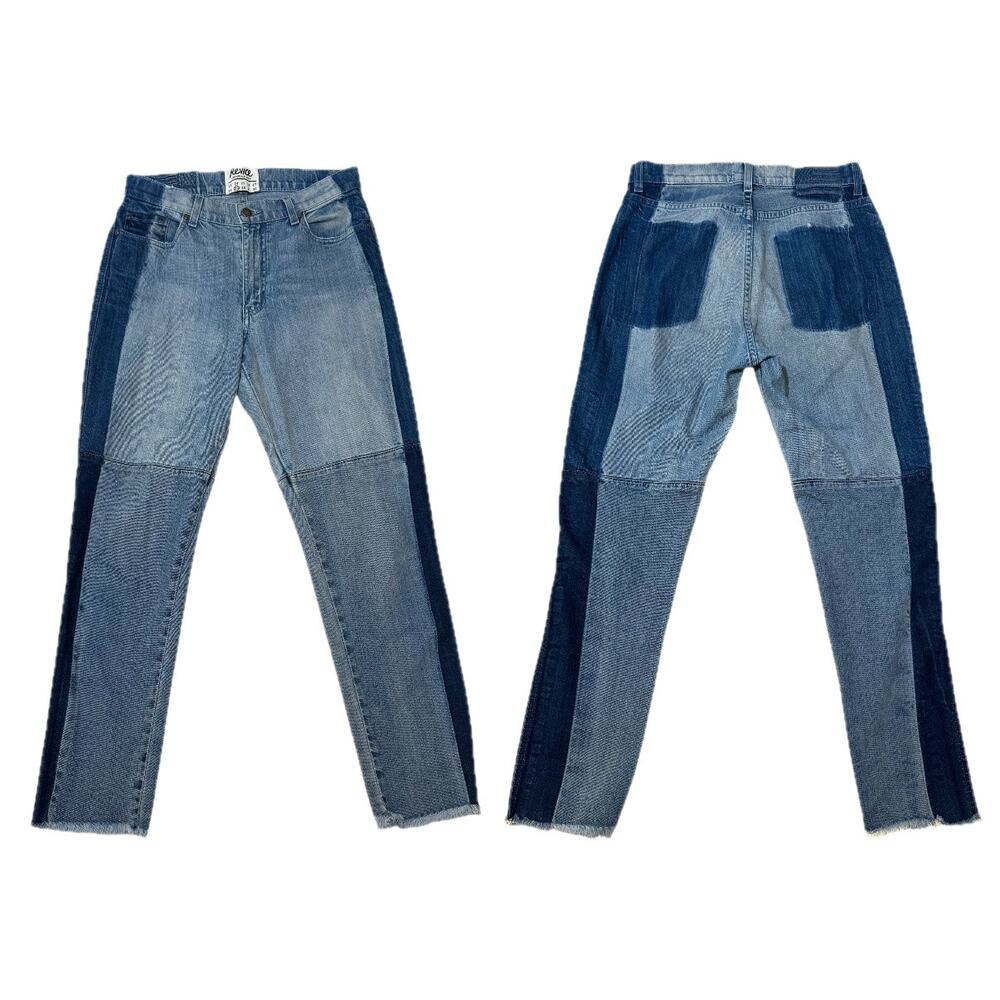 REVICE Two Tone Ankle Jeans Patchwork Distressed Raw Hem Blue Size 29